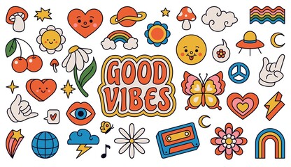 Retro 70s groovy elements, cute funky hippy stickers. Cartoon daisy flowers, mushrooms, peace sign, heart, rainbow, hippie sticker vector set. Positive symbols or badges isolated on white - obrazy, fototapety, plakaty