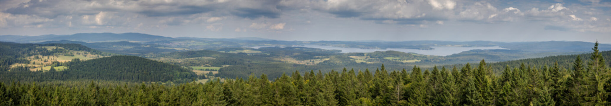 view of &Scaron;umava and Lipno lake from the Austrian lookout tower "Moldaublick"