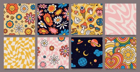 Fototapeta premium Retro 70s psychedelic seamless patterns, groovy hippie backgrounds. Cartoon funky print with flowers and mushrooms, hippy pattern vector set. Cosmos with ufo spaceship and stars, floral design