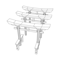 Torii sacred traditional gate. Symbol of Japan,shintoism religion. Japanese Tori arch ancient entrance. Wireframe low poly mesh vector illustration