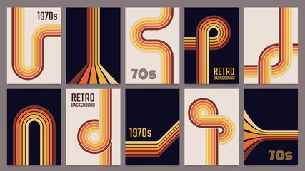Vintage 70s geometric posters, abstract retro stripes backgrounds. Minimalist 1970s style color lines print or poster template vector set. Flowing wavy colorful paths for album cover