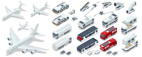 Isometric Service Vehicles, Self-Propelled Ladder, Airplane passenger plane. Business aircraft, Corporate jet. Aerodrome Tow Tractor, Gasoline and Fire Engine