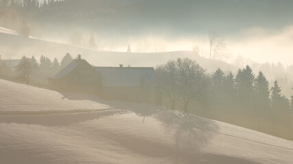 Haus im Nebel, vom Sonnenlicht gelb gefärbt. Eine wundervolle, warme, harmonische Stimmung.
