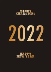 Happy new year 2022. White paper numbers with golden Christmas decoration and confetti on dark blue background. Holiday greeting card design.