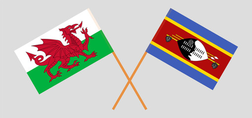 Crossed flags of Wales and Eswatini. Official colors. Correct proportion