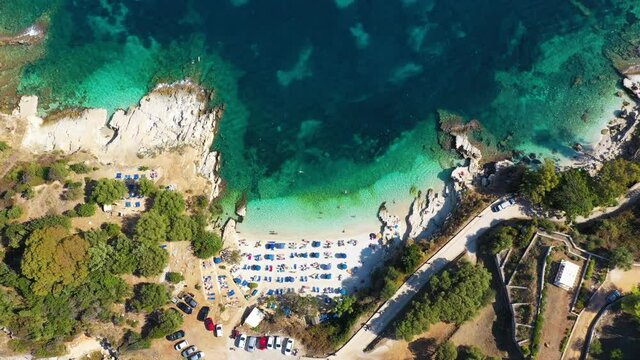 Aerial drone view north east coast with Kanoni, Mpataria and Pipitos beach, Island of Corfu, Greece. Mpataria, Kanoni and Pipitos beach at Corfu Greece during the day.