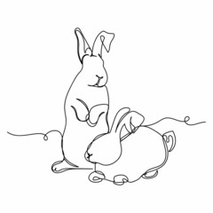 Continuous one simple single line drawing of cute bunnies icon in silhouette on a white background. Linear stylized.