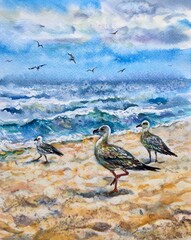 Watercolor  sea view. Sandy beach, blue sky, seagulls, nature backgrounds. Template for designs, card, posters.