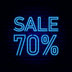 70 percent SALE glowing neon lamp sign. Vector illustration.
