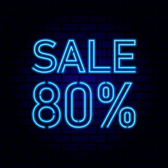 80 percent SALE glowing neon lamp sign. Vector illustration.
