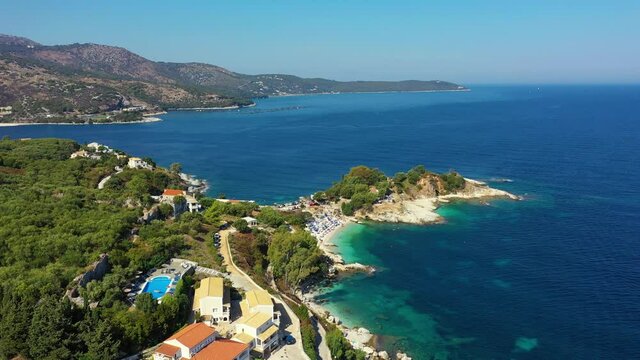 Aerial drone view north east coast with Kanoni, Mpataria and Pipitos beach, Island of Corfu, Greece. Mpataria, Kanoni and Pipitos beach at Corfu Greece during the day.