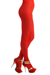 Sexy view of slim woman body lower part wearing red tights and high-heeled shoes