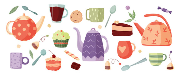Tea time. Collection of vector elements: teapots, cups, desserts. Hand-drawn in cartoon style
