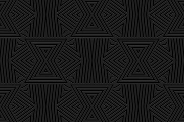 Original design embossed geometric black background. Vintage ethnic 3D pattern in handmade style. Motives of the peoples of the East, Asia, India, Mexico, Aztec.