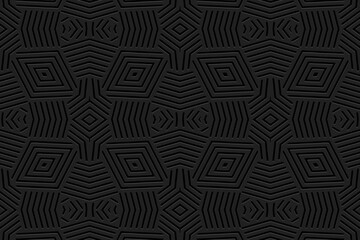 Fashionable embossed geometric black background design. Vintage ethnic 3D pattern in handmade style. Motives of the peoples of the East, Asia, India, Mexico, Aztec.