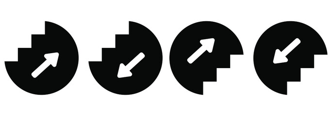 Stairs up and down icon with arrow. Elevator sign upward and downward isolated. Stairway black pictogram. Vector illustration.
