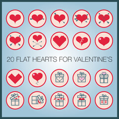 Vector red flat hearts icons set for Valentine's Day (twenty items).