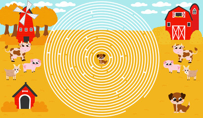 Circle maze in cartoon style, farm concept with barn and windmill, help to findright way to puppy