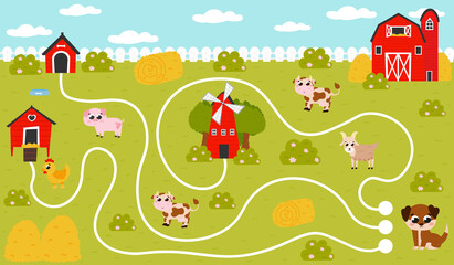 Obraz na płótnie Canvas Find way game for kids with dog and farm themed elements, barn and windmill, doghouse and haystack