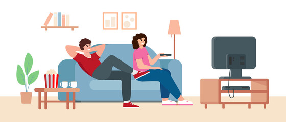 Relaxed young man and woman couple sitting on sofa and watching TV. Merried people resting at home after work or study with popcorn and television. Flat or cartoon vector illustration.