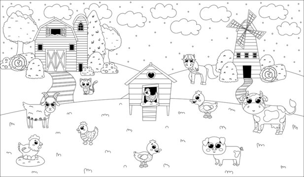Printable black and white coloring page with farm animals, barn and windmill, henhouse, farming themed puzzle