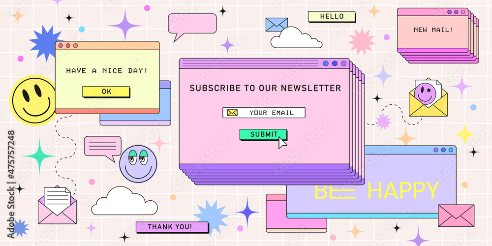 Wall mural Subscribe newsletter web banner template in retro computer interface style. Retrowave design for mail marketing. 90s browser tab with new message, vintage browser dialog tab and hipster stickers