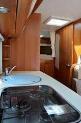 Camper van, rv, caravan interior, inside view of motorhome for family holiday travel