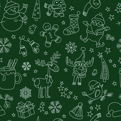 Vector seamless pattern with winter holiday elements. Christmas decorations illustration with snowflakes, Santa, deers 