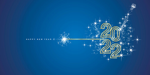 Nouvel An 2022 or triple ligne design typographie feu d& 39 artifice lumière champagne fond bleu carte de voeux