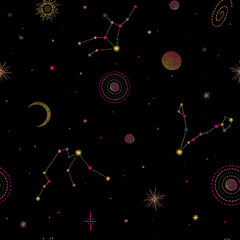 Obraz na płótnie Canvas Seamless pattern with colourful embroidered constellations, stars, planets and Moon on space background