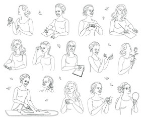 Collection. The life of a woman. Silhouettes of a lady with a cup, pen, knitting, phone, book in modern one line style. Solid line, outline for posters, stickers, logo. Set of vector illustrations.