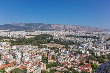 Fototapeta na wymiar A panoramic view of Athens, Greece showing the Temple of Olympian Zeus.