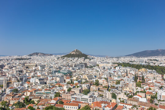 A view of Lykavitos Hill along with panorama of Athens, Greece from the Acropolis.