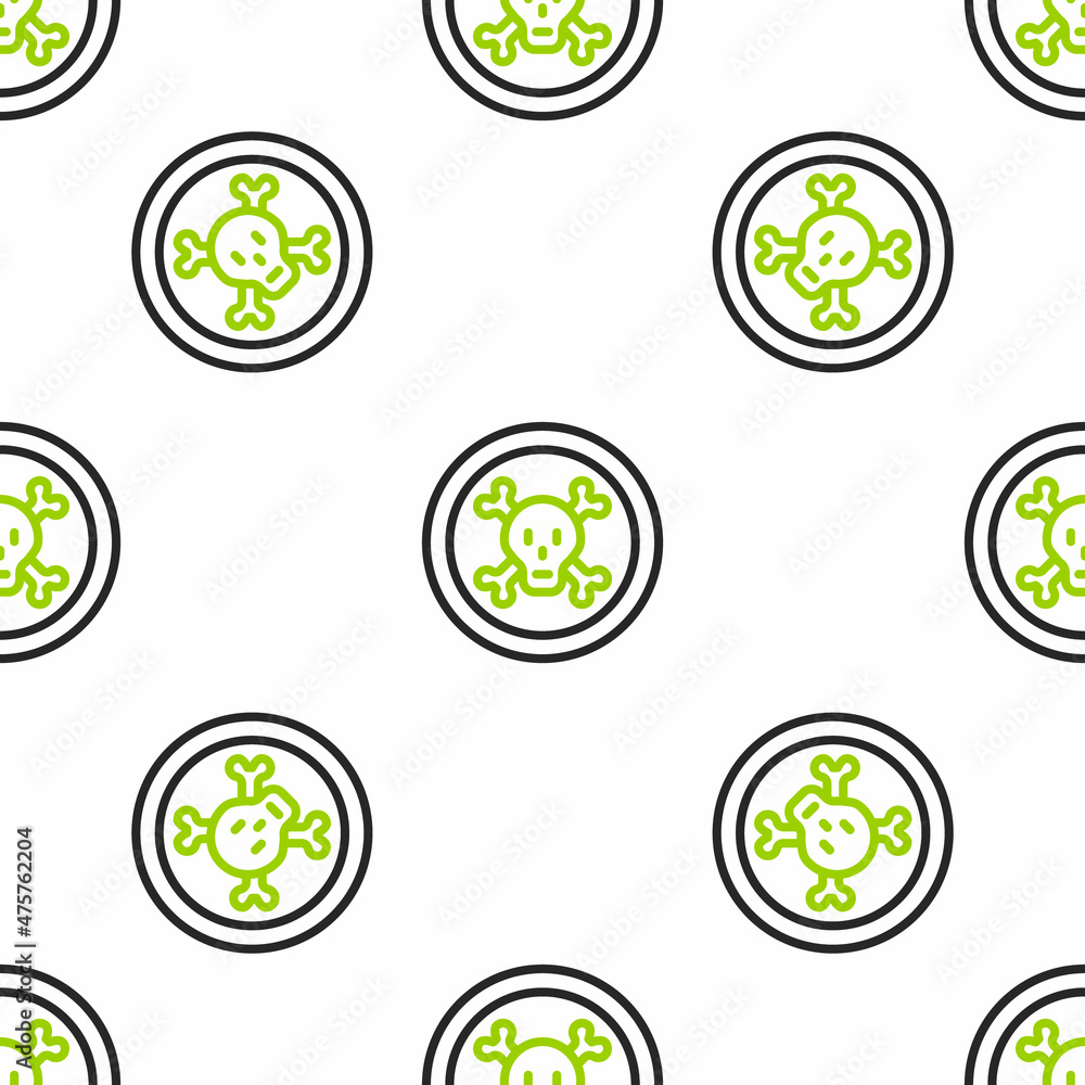 Poster line bones and skull as a sign of toxicity warning icon isolated seamless pattern on white backgroun