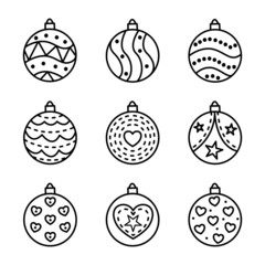 Doodle set of Christmas tree balls with patterns. Festive New Year decorations collection in minimalist sketch style.