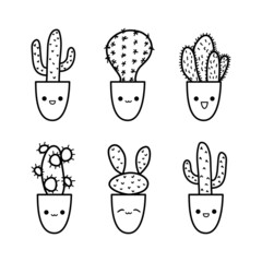 Cute cactus doodle set in sketch style. Cacti characters variety with kawaii emotions