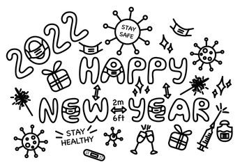 Set of fun doodle elements for healthy New Year celebration 2022. Happy vector symbols outline collection to stay safe