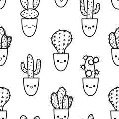 Cute cactus doodle pattern in outline style. Vector cacti characters variety with kawaii emotions in flower pots