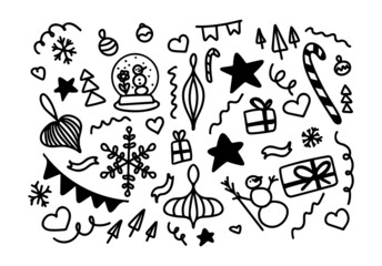 Set of fun doodle winter elements for New Year celebration. Happy vector symbols outline collection for Christmas design