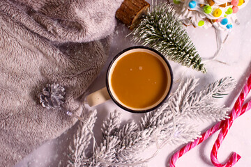 cup of coffee christmas tree branch, festive background