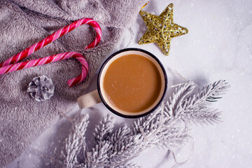 Obraz na płótnie Canvas cup of coffee christmas tree branch, festive background
