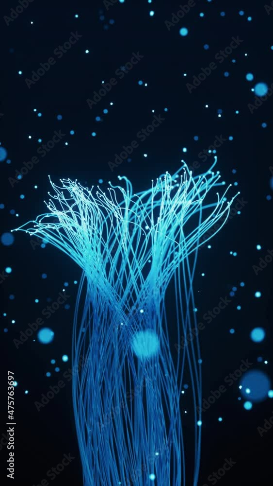 Poster glowing particles and lines with black background, 3d rendering.