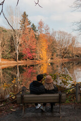 Romance, love concept. Lover sitting on a bench in park. A couple sitting on bench by lake. Back view. The image of trees is reflected to lake in autumn season.