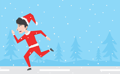 An illustration of a boy running with Santa Claus costume in the snowy road