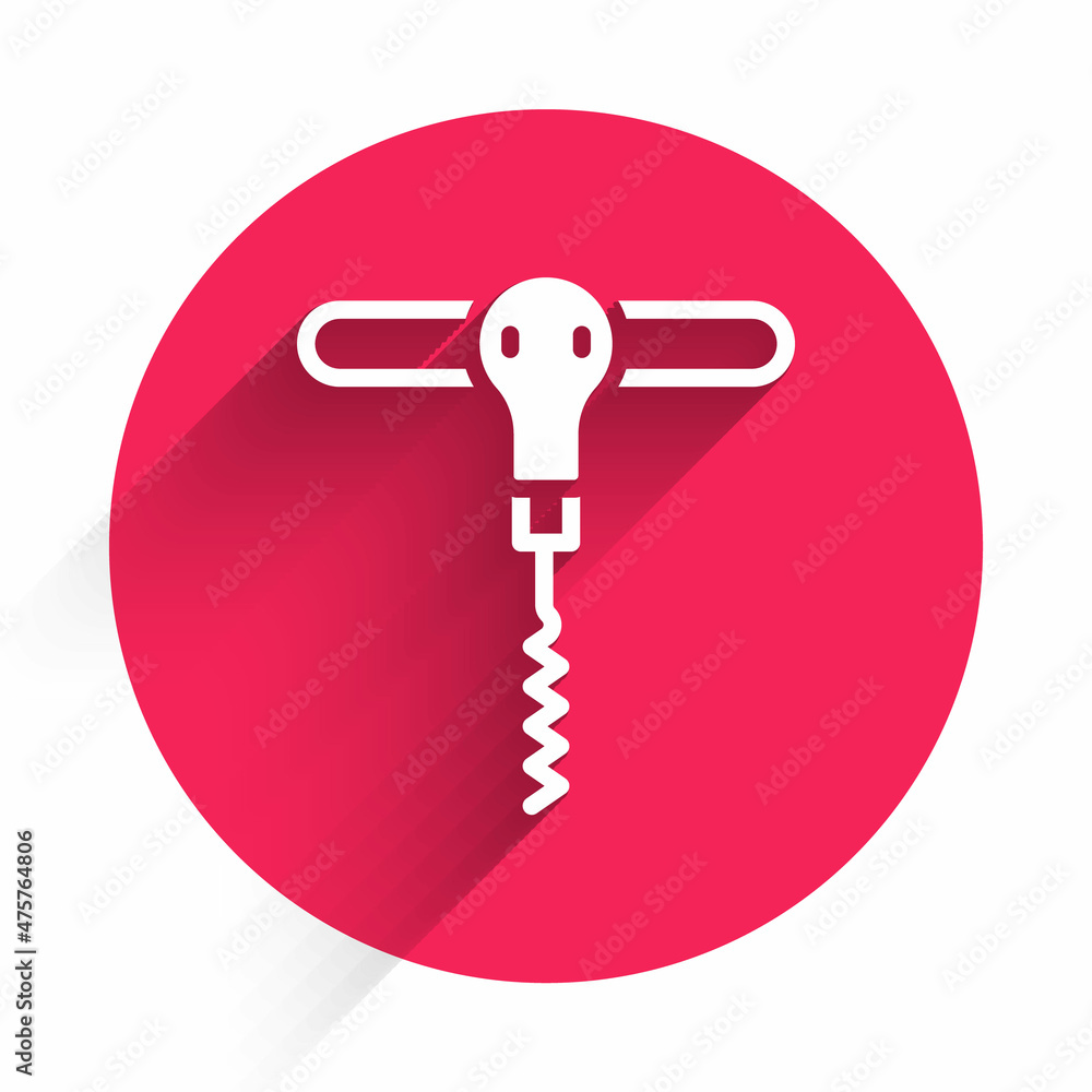 Poster white wine corkscrew icon isolated with long shadow background. red circle button. vector