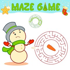 Christmas maze puzzle game for children. Circle maze or labyrinth game with Christmas Snowman.