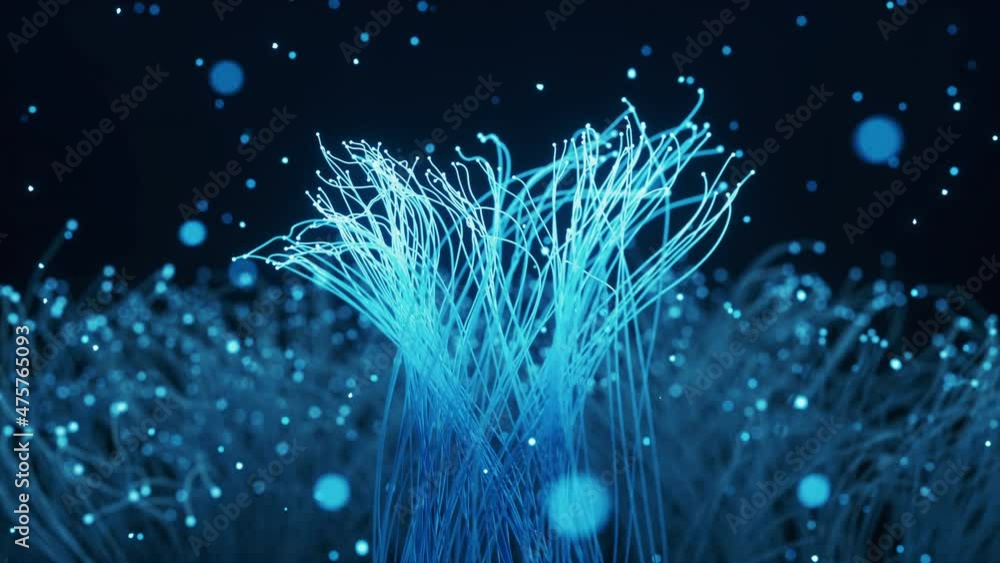 Poster glowing particles and lines with black background, 3d rendering.