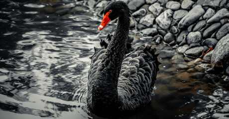 Closeup of a black swan swimming