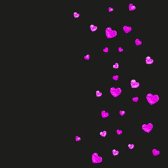 Valentines day card with pink glitter hearts. February 14th. Vector confetti for valentines day card template. Grunge hand drawn texture. Love theme for special business offer, banner, flyer.
