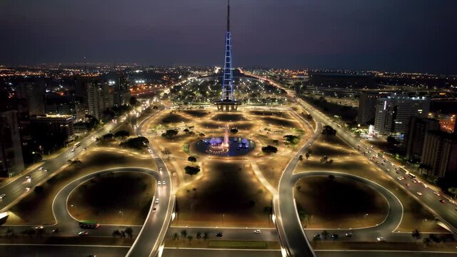 Sunset sky of downtown Brasilia Brazil. Cityscape of illuminated downtown district tourism landmark.